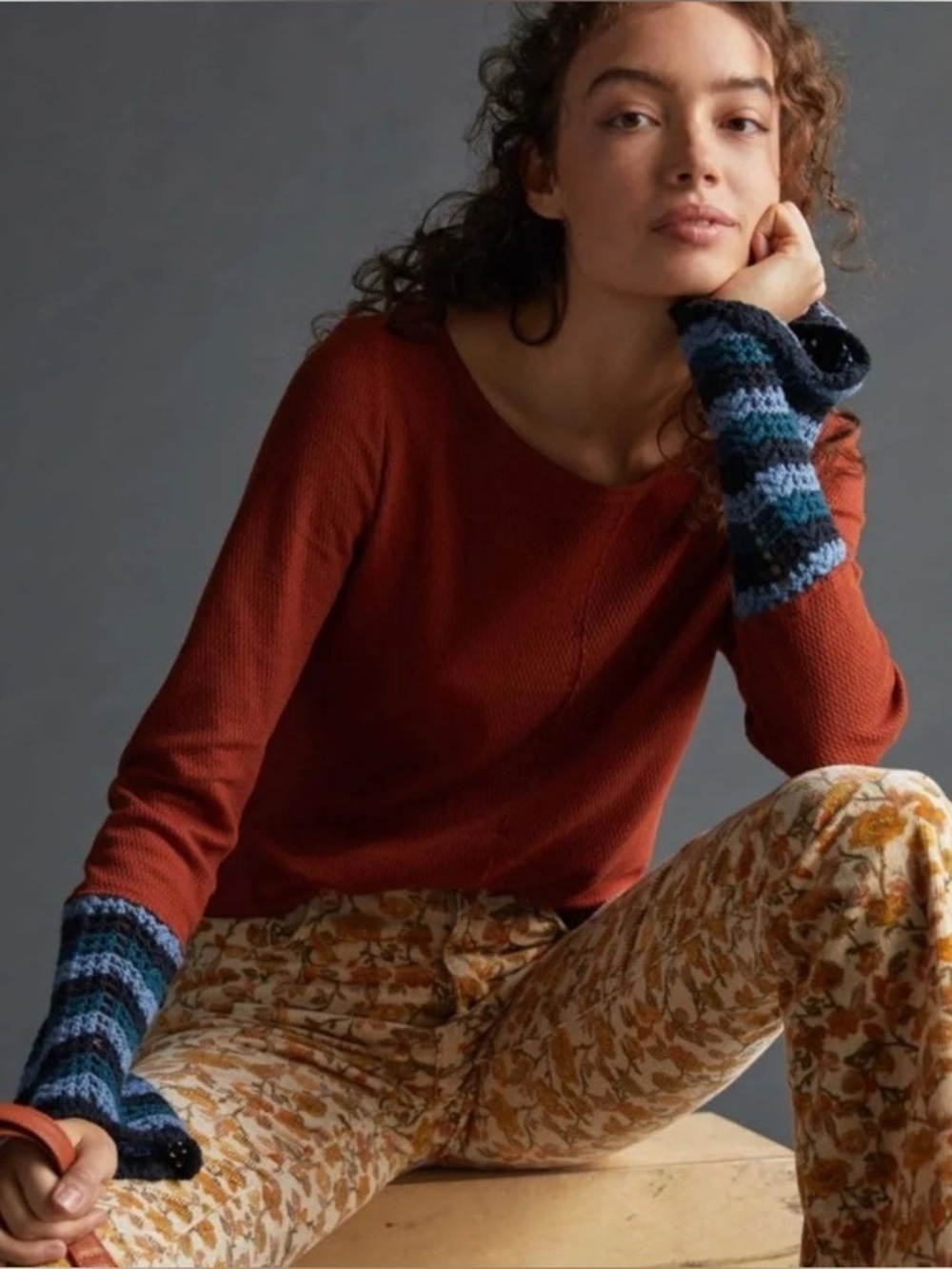 Pilcro Anthropologie Crochet Cuff Top Waffle Knit Cedar Long Sleeve Small - Picture 2 of 10